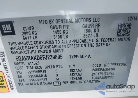 2015 Buick Enclave Convenience from USA, damaged, VIN 5GAKRAKD6FJ239805